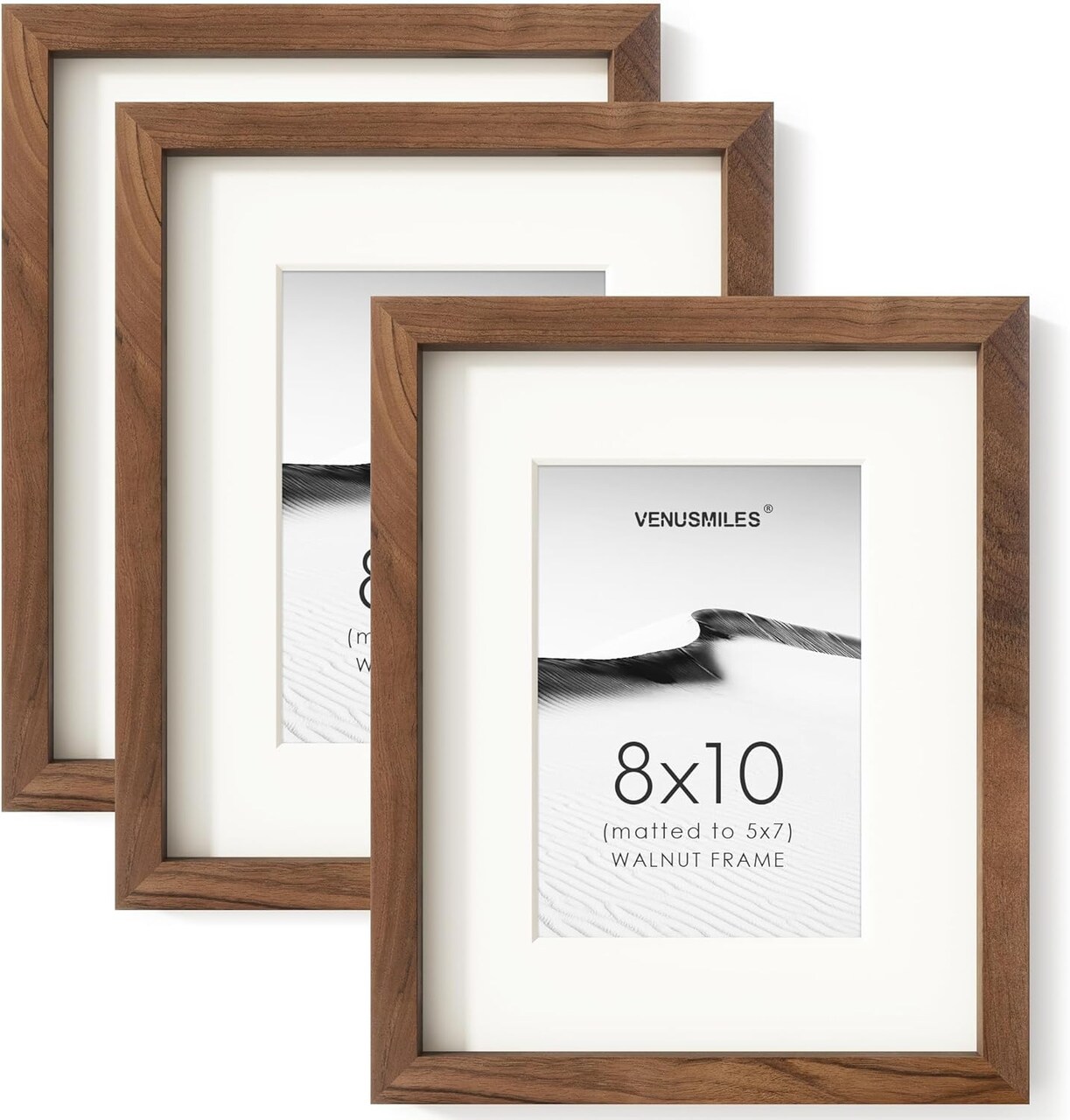 Picture Frame Set of 3, USA-Sourced Natural Walnut Wood Photo Collage Frame with HD Tempered Glass, Modern Simple 8 x 10 Wooden Frame Matted to 5x7 Gallery Frames for Art Wall or Tabletop Display